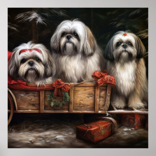 Lhasa ook besneeuwde slee kerstdecor poster