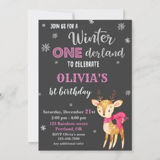 L'hiver onederland invitation anniversaire Cerf bé (Devant)