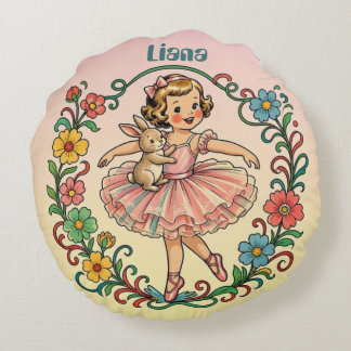 LIANA ~ Vintage kunstmeisje in tutu met konijn ~ Rond Kussen