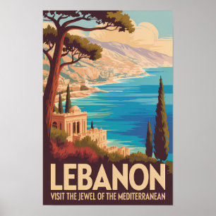 Libanon Landschap Illustratie Reis Kunst Vintage Poster
