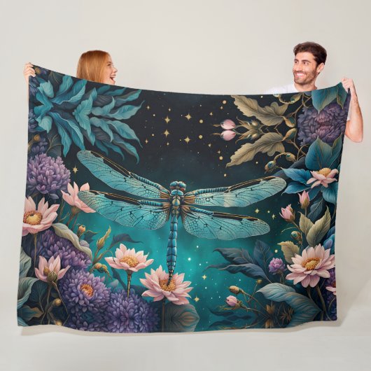 Libel in een bloementuin 's nachts fleece deken (In situ)