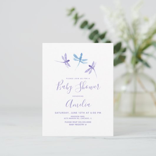 Libel Waterverf Paars Blauw Baby Shower Briefkaart (Staand voorkant)