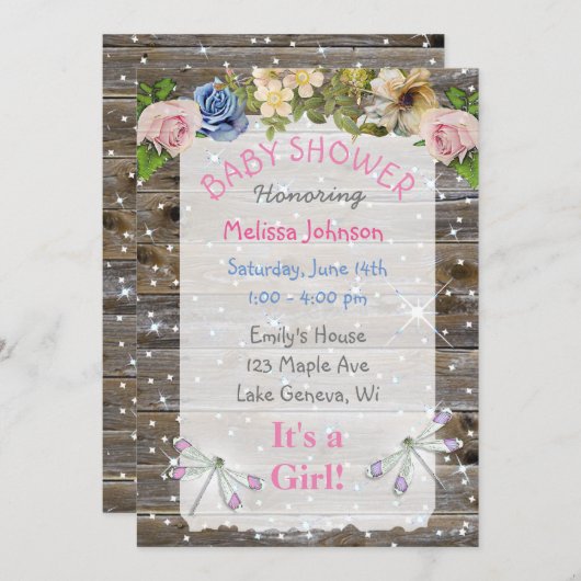 Libellen, Bloemen en Sparkles Baby shower Kaart (Voorkant / Achterkant)