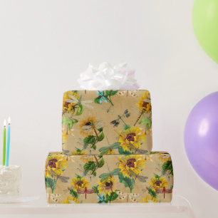 Libellen en zonnebloemen geel groen beige  cadeaupapier