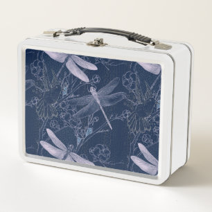 Libellen op een metalen lunchbox in marineblauw