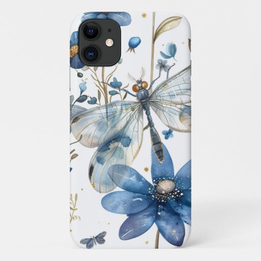 Libellule bleue et fleurs coque iPhone (Dos)