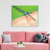 Libellule bleue sur une toile enveloppée de rail (Insitu(Salon))
