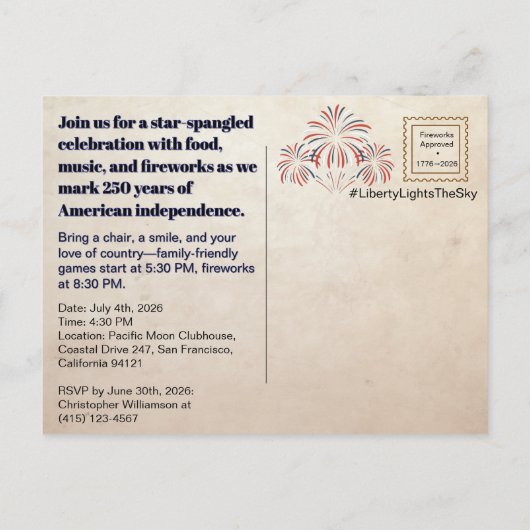 Liberty Lights the Sky • 1776–2026 Keepsake Briefkaart (Achterkant)