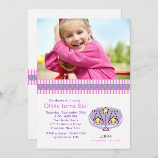 Libra Photo Invitation de fête d'anniversaire (Devant / Derrière)