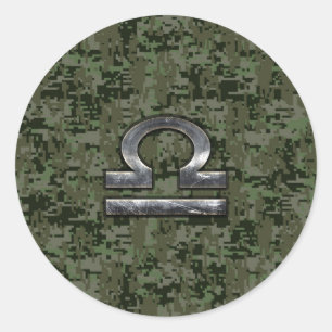 Libra Zodiac Sign on Woodland Green digital camo Ronde Sticker