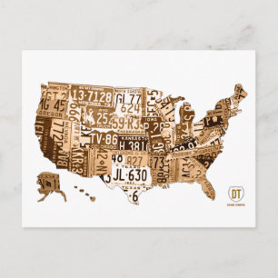 License Plate Map of the USA Sepia Postcard Briefkaart