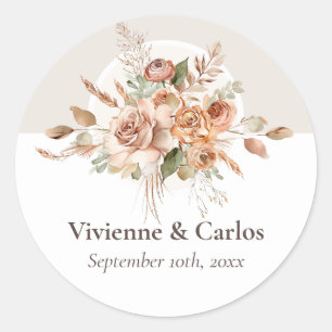 Licht Aarde Tone Bloemen Rustiek Boho Huwelijk Ronde Sticker