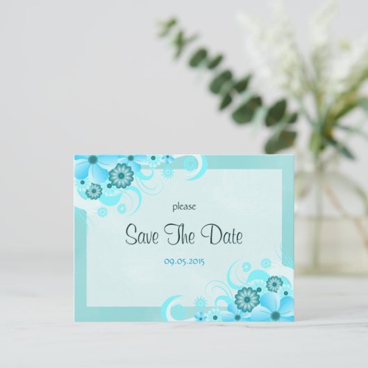 Licht Aqua Blauw Bloemen Bruiloft Save The Date Ka Aankondigingskaart (Staand voorkant)