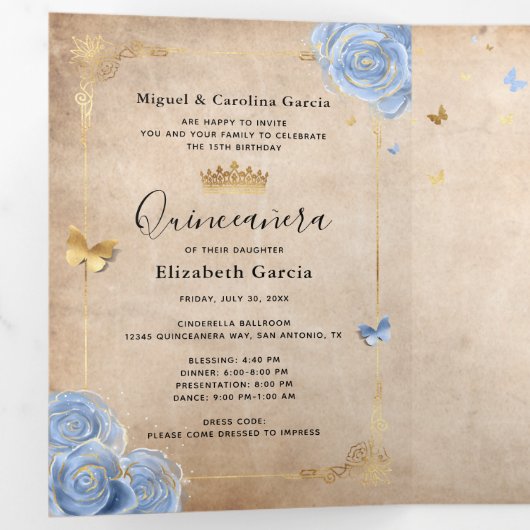 Licht Baby Blauw en Goud Elegante Foto Quinceanera Drieluik Uitnodiging (Binnenzijde eerst)