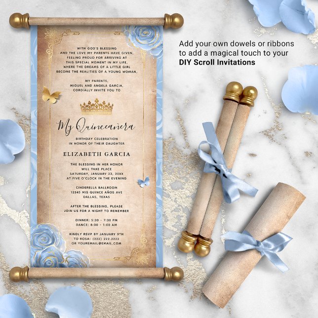 Licht Baby Blauw Goud Kwince DIY Scroll Uitnodigin (DIY scrolls do not come with dowels. Add your own or roll up with a ribbon for a personalized touch!)