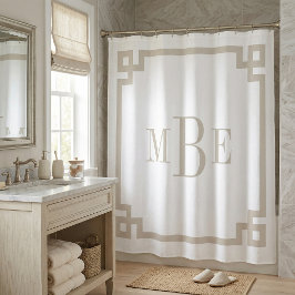 Licht Beige en witte Griekse sleutel | monogram Douchegordijn
