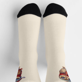 Licht Beige Schattige Uil met Rode Kerst Pet sokke Sokken