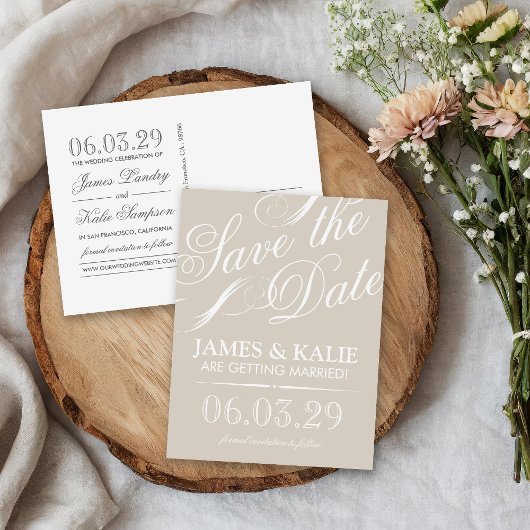 Licht beige script Bewaar de datum Aankondigingskaart