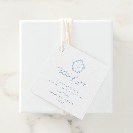 Licht Blauw Crest Monogram Bruiloft Dank u Bedankjes Labels (In situ)