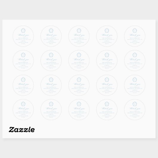 Licht Blauw Crest Monogram Bruiloft Dank u Ronde Sticker (Vel)
