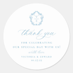 Licht Blauw Crest Monogram Bruiloft Dank u Ronde Sticker