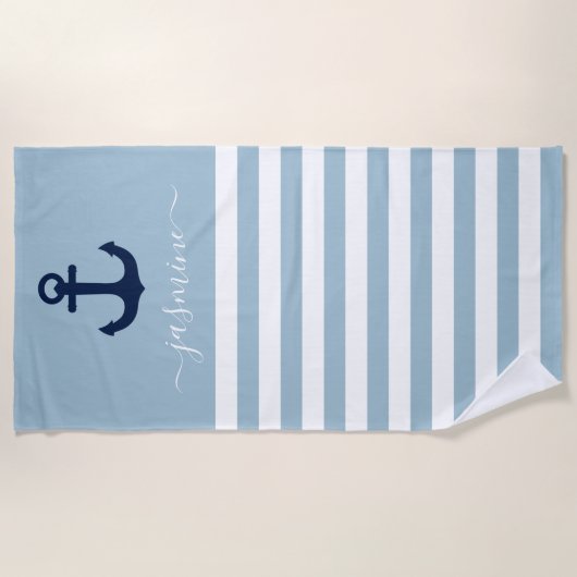 Licht Blauw en Witte Stripe Persoonlijke Elegant Strandlaken (Voorkant)