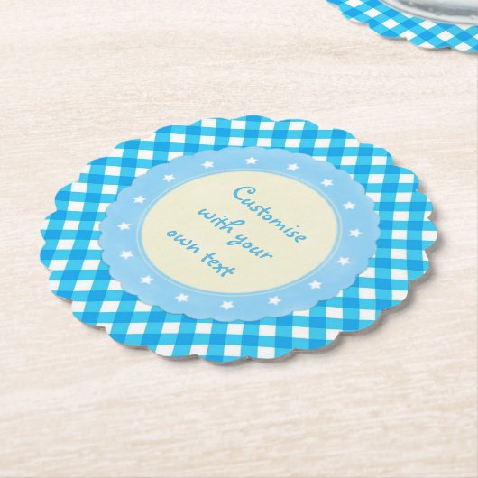 Licht Blauw Gingham Fancy Aangepaste tekst Kartonnen Onderzetters (Gekanteld)