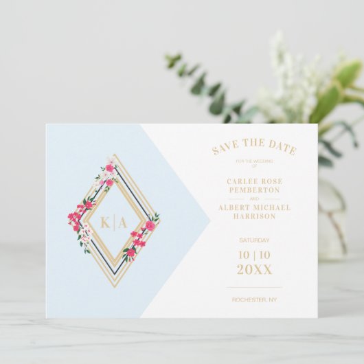 Licht blauw Initialen Floral Diamond Save The Date (Staand voorkant)