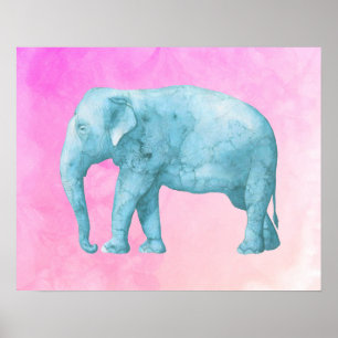 Licht blauw olifant op droomroze Waterverven Poster