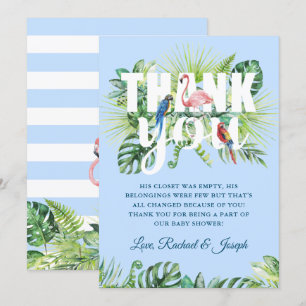 Licht Blauw Tropisch Bladeren Flamingo Baby shower Bedankkaart