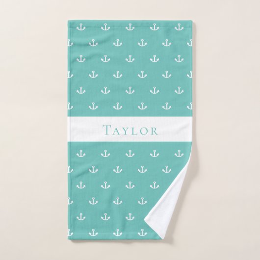 Licht blauwgroen groen anker wit nautisch monogram bad handdoek (Handdoek)