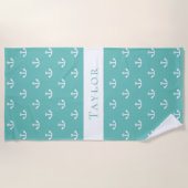Licht blauwgroen groen anker wit nautisch monogram strandlaken (Voorkant)