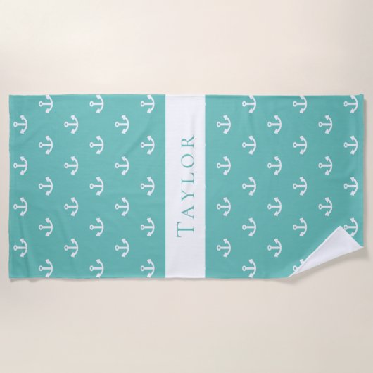Licht blauwgroen groen anker wit nautisch monogram strandlaken (Voorkant)