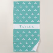 Licht blauwgroen groen anker wit nautisch monogram strandlaken (Voorkant)