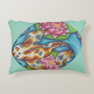 Licht Blauwgroen kussen met Koi Fish en Lotus Art