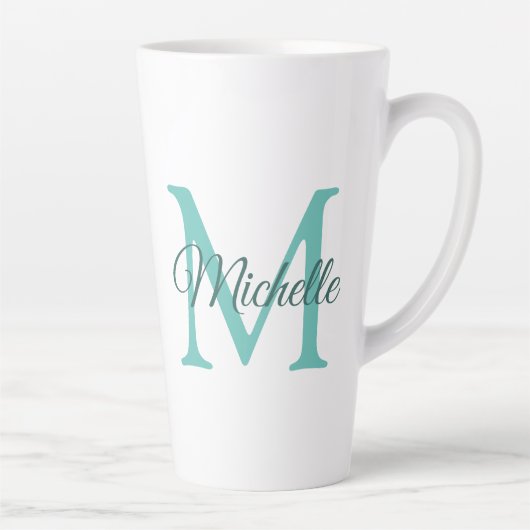 Licht Blauwgroen Monogram Initiaal  Groot Latte Mok (Rechts)