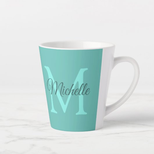 Licht Blauwgroen Monogram Initiaal Naam Klein Latte Mok (Rechts)