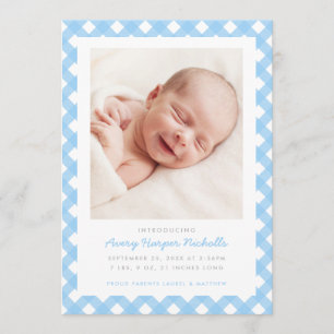 Licht Blue Gingham Single Photo Announding Kaart