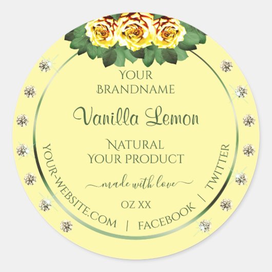 Licht crèmeproduct Etiketten gele rozen diamanten (Voorkant)