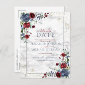 Licht Dusty Blue Burgundy Floral Vertraging Datum Aankondigingskaart (Voorkant / Achterkant)