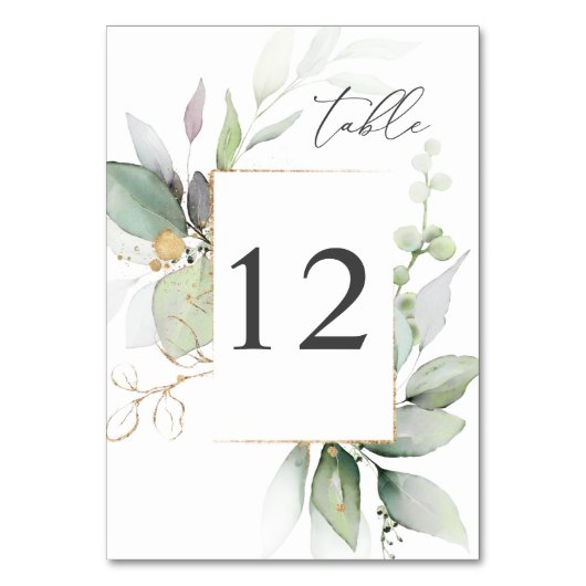 Licht Eucalyptus Gloed & Gold Table Number Kaart (Achterkant)