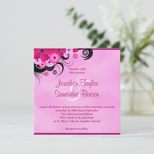 Licht Fuchsia Magenta Bloemenbruiloft 5.25" Uitnod Kaart (Staand voorkant)