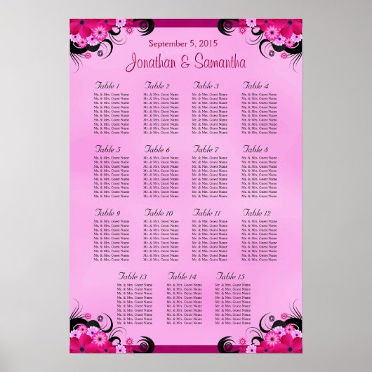 Licht Fuschia Bruiloft 15 Tafel Zitkaarten Poster (Voorkant)