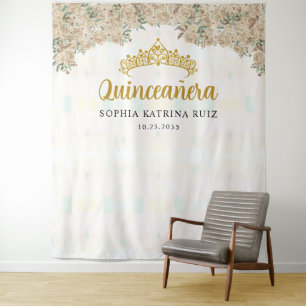Licht Gouden Bloemen Tiara Quinceanera Foto Achter Wandkleed