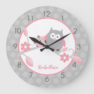 Licht grijs en roze Happy Owls Girl Nursery Grote Klok
