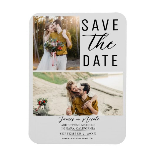 Licht Grijs Modern 2 Foto's Save the Date Wedding Magneet (Verticaal)