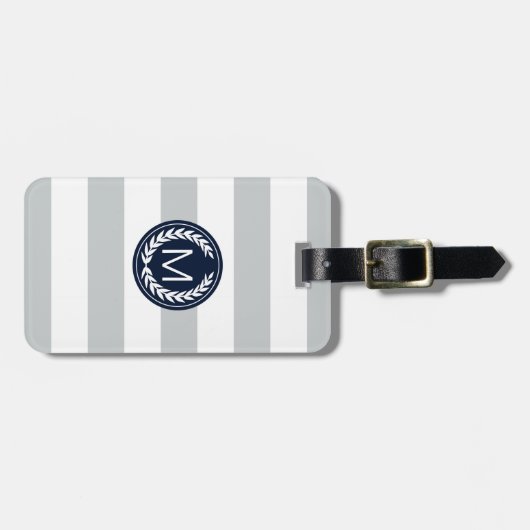 Licht grijs Stripe met Navy Laurel Wreatmonogram Bagagelabel (Voorkant horizontaal)
