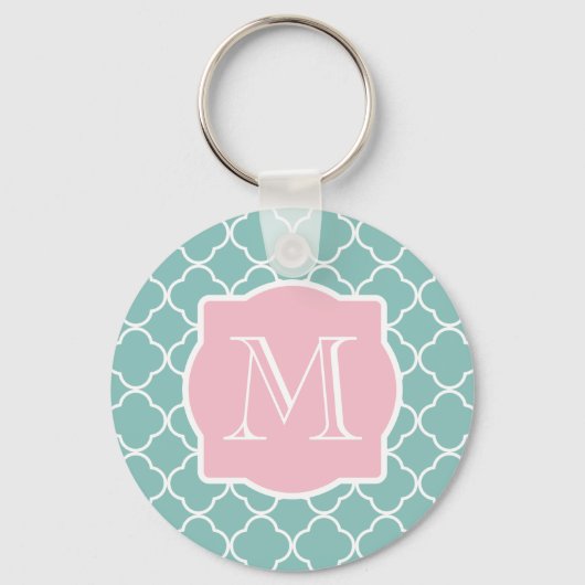 Licht groen Quatrefoil roze Monogram Sleutelhanger (Voorkant)