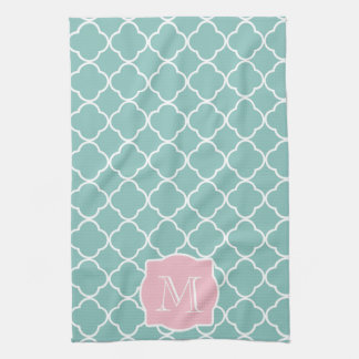 Licht groen Quatrefoil roze Monogram Theedoek