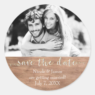 Licht hout SAVE THE DATE Glam Rustic Trouwfoto Ronde Sticker